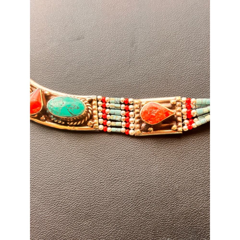 925 Sterling Tibetan Turquoise & Red Coral Necklace 19" - Picture 7 of 11